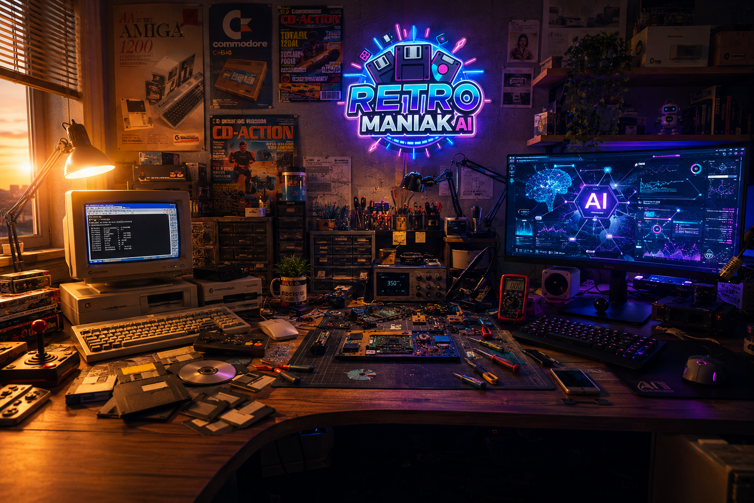 Retro stanowisko komputerowe z komputerem Commodore, dyskietkami i neonowym logo RetroManiakAI